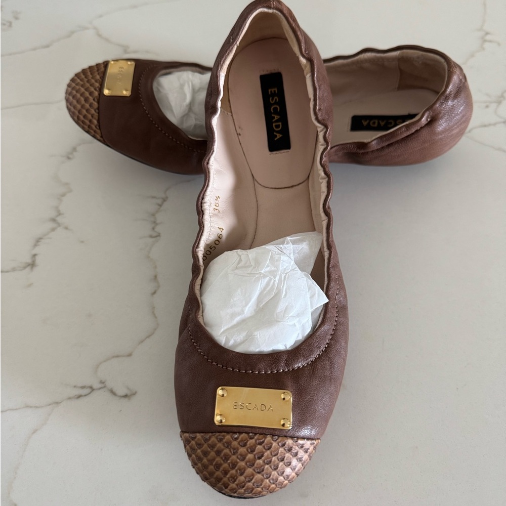 Escada Brown Leather Flats with Gold Accents